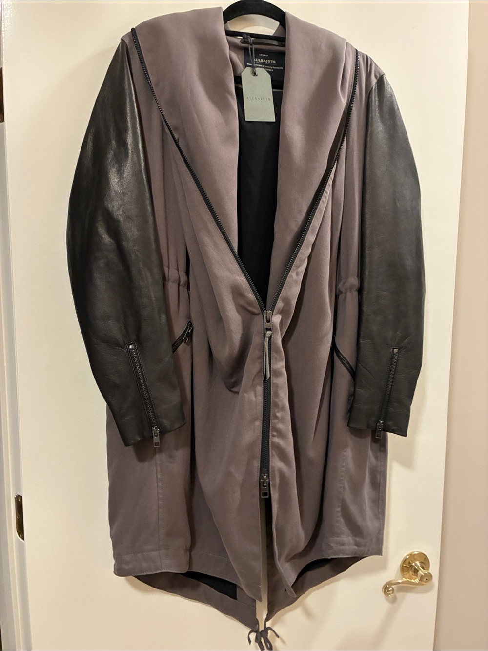 All Saints Two-Tone Leather Sleeve Hooded Parka NWT Size 10
